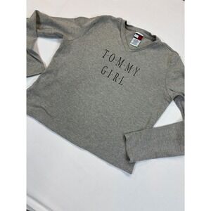 Y2K Vintage Tommy Girl Gray Long Sleeve V Neck T Shirt Kids Large 90s Classic